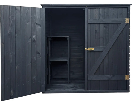 Gartenschrank aus Holz mit Regalböden und geöffneten Türen