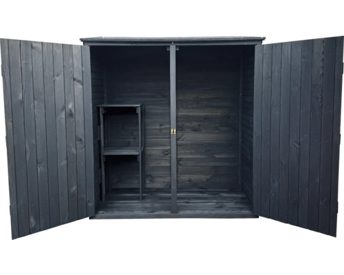 Offener Geräteschuppen aus Holz mit Regal
