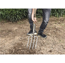 Person, die einen Spaten mit vier Zinken in den Boden sticht, für die Gartenarbeit