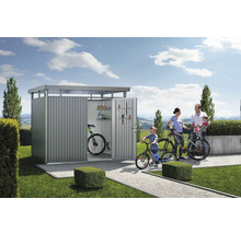 Metall Gerätehaus mit Fahrrädern und Familie im Garten