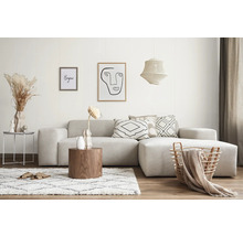 Wohnzimmer mit Sofa, Teppich, Couchtisch und Dekorationsartikeln für eine gemütliche Atmosphäre