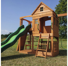 Holzspielhaus mit Rutsche und Schaukel für den Garten