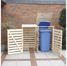 Mülltonnenbox aus Holz mit geöffneten Türen und einer blauen Mülltonne
