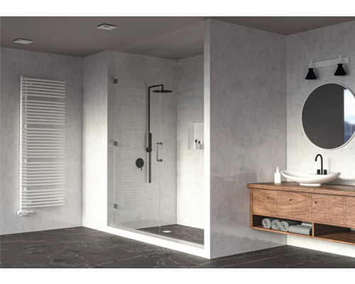 Modernes Badezimmer mit Dusche, Waschtisch und Heizkörper