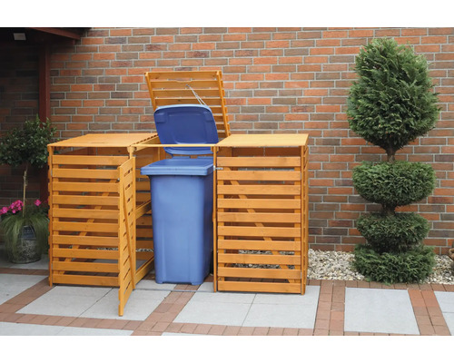 Holz Mülltonnenbox für drei Tonnen mit geöffnetem Deckel und geöffneter Tür