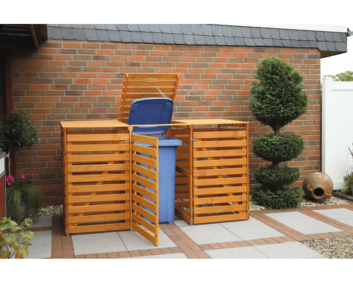 Mülltonnenbox aus Holz für drei Mülltonnen im Garten