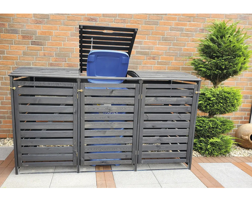 Mülltonnenbox aus Holz für drei Mülltonnen im Außenbereich