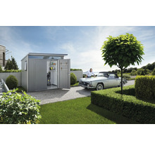 Gartenszene mit Gerätehaus, Oldtimer und Mann bei der Autopflege