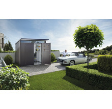 Garten mit Metall Gerätehaus, in dem sich ein Hochdruckreiniger befindet, und Mann beim Autoputzen