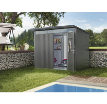 Metallgartenhaus mit geöffneter Tür in einem Garten neben einem Pool