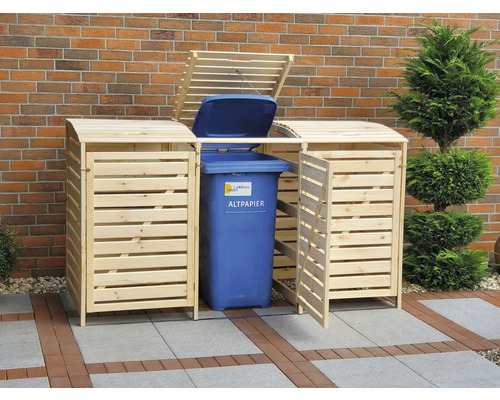 Mülltonnenbox aus Holz für drei Mülltonnen mit geöffnetem Deckel und geöffneter Tür