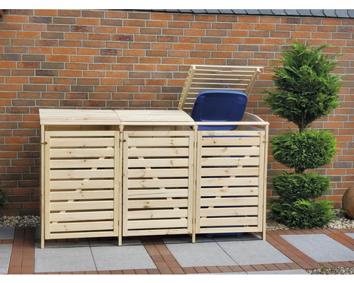 Mülltonnenbox aus Holz für drei Mülltonnen im Garten