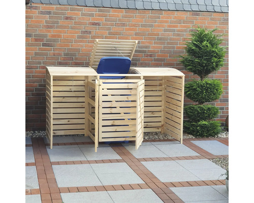 Mülltonnenbox aus Holz mit geöffneter Tür und Mülltonne