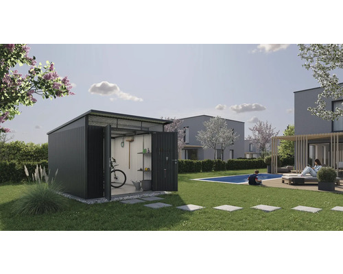 Garten Szene mit Gerätehaus, Fahrrad und Gartengeräten