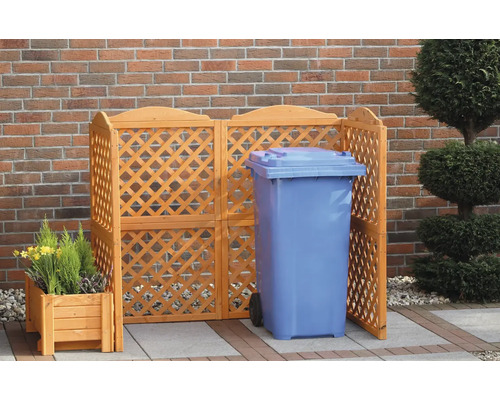 Mülltonnenbox aus Holz mit Mülltonne und Pflanzkasten im Garten