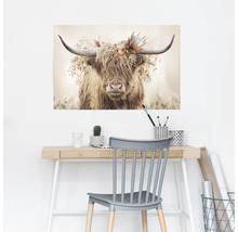 Dekoratives Bild eines Hochlandrindes mit Blumenkrone über einem Schreibtisch.