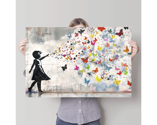 Dekorative Leinwand mit Mädchen Silhouette und bunten Schmetterlingen