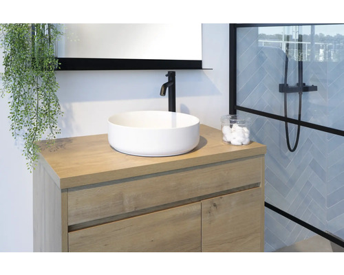 Badezimmerwaschtisch mit Aufsatzwaschbecken, Armatur und Spiegel