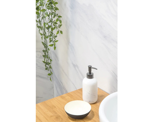 Badezimmer Szene mit Seifenspender und Seifenablage auf einem Holztisch