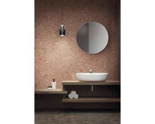 Modernes Badezimmer mit Aufsatzwaschbecken, Spiegel und Terrazzo Wandfliesen