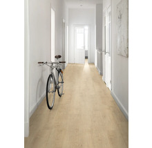 Heller Flur mit Laminatboden in Holzoptik und einem Fahrrad an der Wand