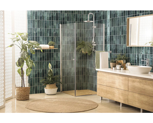 Badezimmer mit Dusche, Waschtisch mit Spiegel und Pflanzen für eine natürliche Atmosphäre