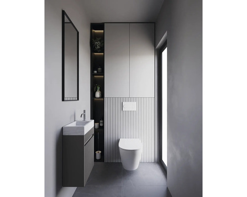 Modernes Badezimmer mit Waschtisch, Spiegel, Toilette und Stauraum