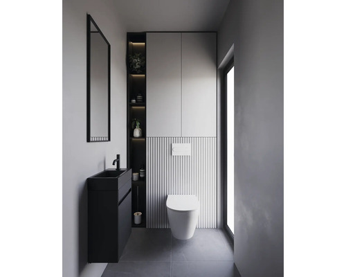 Modernes Badezimmer mit Waschtisch, Spiegel, Toilette und Stauraum
