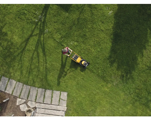 Draufsicht einer Person, die einen Rasenmäher auf einer Rasenfläche benutzt.