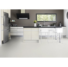 Moderne Küche mit Kücheninsel, Kühlschrank, Dunstabzugshaube und Fenster