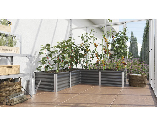 Hochbeete mit Gemüse und Kräutern in einem Gewächshaus.