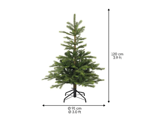 Künstlicher Weihnachtsbaum mit einer Höhe von 120 cm und einem Durchmesser von 91 cm.
