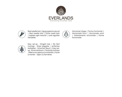 Everlands Weihnachtsbaum Eigenschaften: echte Nadeloptik, horizontale Form, einfacher Aufbau und Klappbaum