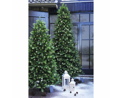 Zwei beleuchtete künstliche Weihnachtsbäume im Außenbereich mit Laternen und Tannenzapfen