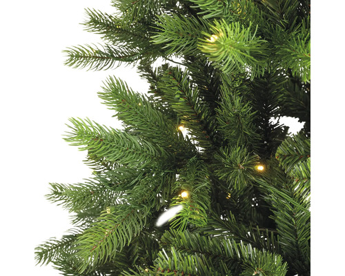 Detailaufnahme eines grünen Weihnachtsbaums mit Beleuchtung