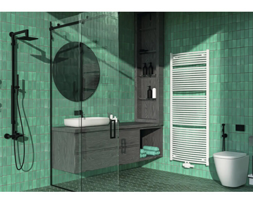 Badezimmer mit Dusche, Waschbecken, Spiegel, Handtuchwärmer und Toilette in einem hellen, organisierten Design