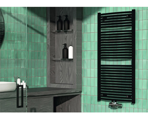 Badheizkörper Rotheigner Swing-M 1215x595 mm schwarz Anschluss Mittig unten Modernes Badezimmer mit Handtuchwärmer, Waschbecken und Ablageflächen