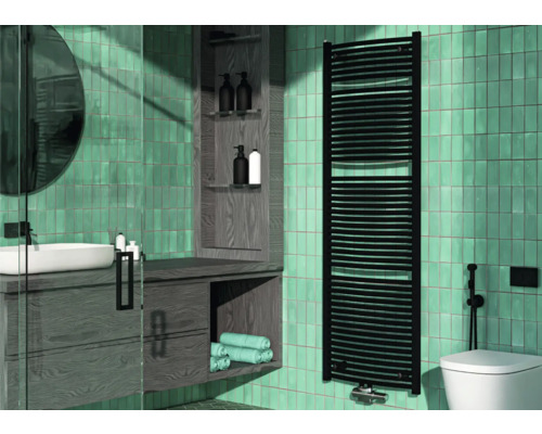 Badheizkörper Rotheigner Swing-M 1810x595 mm schwarz Anschluss Mittig unten Badezimmer mit Waschtisch, Toilette und Handtuchwärmer