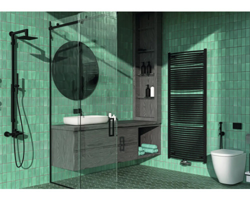 Badheizkörper Rotheigner Swing-M 1810x745 mm schwarz Anschluss Mittig unten Helles Badezimmer mit Dusche, Waschtisch, Handtuchwärmer und Toilette vor getäfelten Wänden