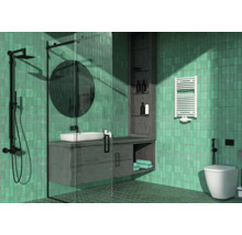 Modernes Badezimmer mit Dusche, Waschtisch, Spiegel, Regal und Handtuchwärmer