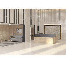 Empfangsbereich mit Sofa, Kunstwerk und Beleuchtung