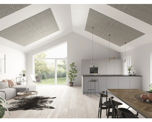 Heller Wohnraum mit offener Küche, Deckenpaneelen, Sitzgruppe und Essbereich