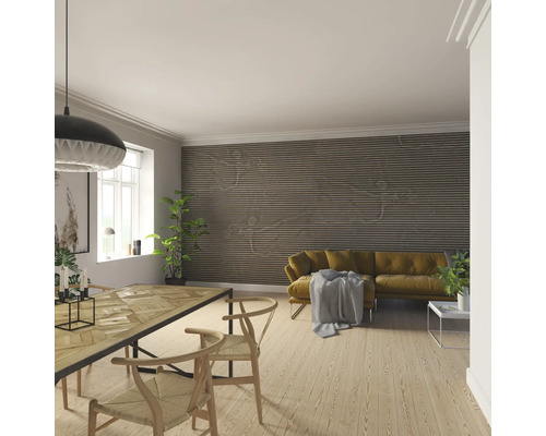 Wohnzimmer mit Esstisch, Stühlen, Sofa und Wandpaneelen