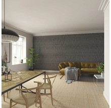 Wohnzimmer mit Esstisch, Stühlen, Sofa und Wandpaneelen