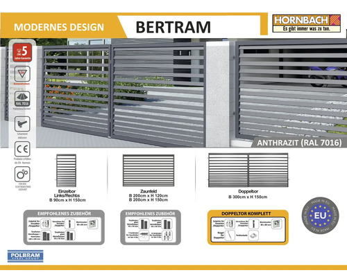 Bertram Zaun- und Torsystem in Anthrazit mit horizontalen Lamellen