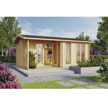 Gartenhaus mit Büroausstattung im Außenbereich.