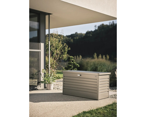 Gartentruhe aus Metall auf einer Terrasse vor einem modernen Haus