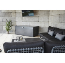 Außenbereich mit einer grauen Gerätebox, einer Couch, einem Tisch und einer Pflanze.