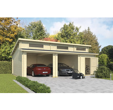 Doppelgarage aus Holz mit zwei Autos, Rasenmäher und Fahrrad