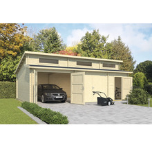 Holzgarage mit Auto, Rasenmäher und Fahrrad